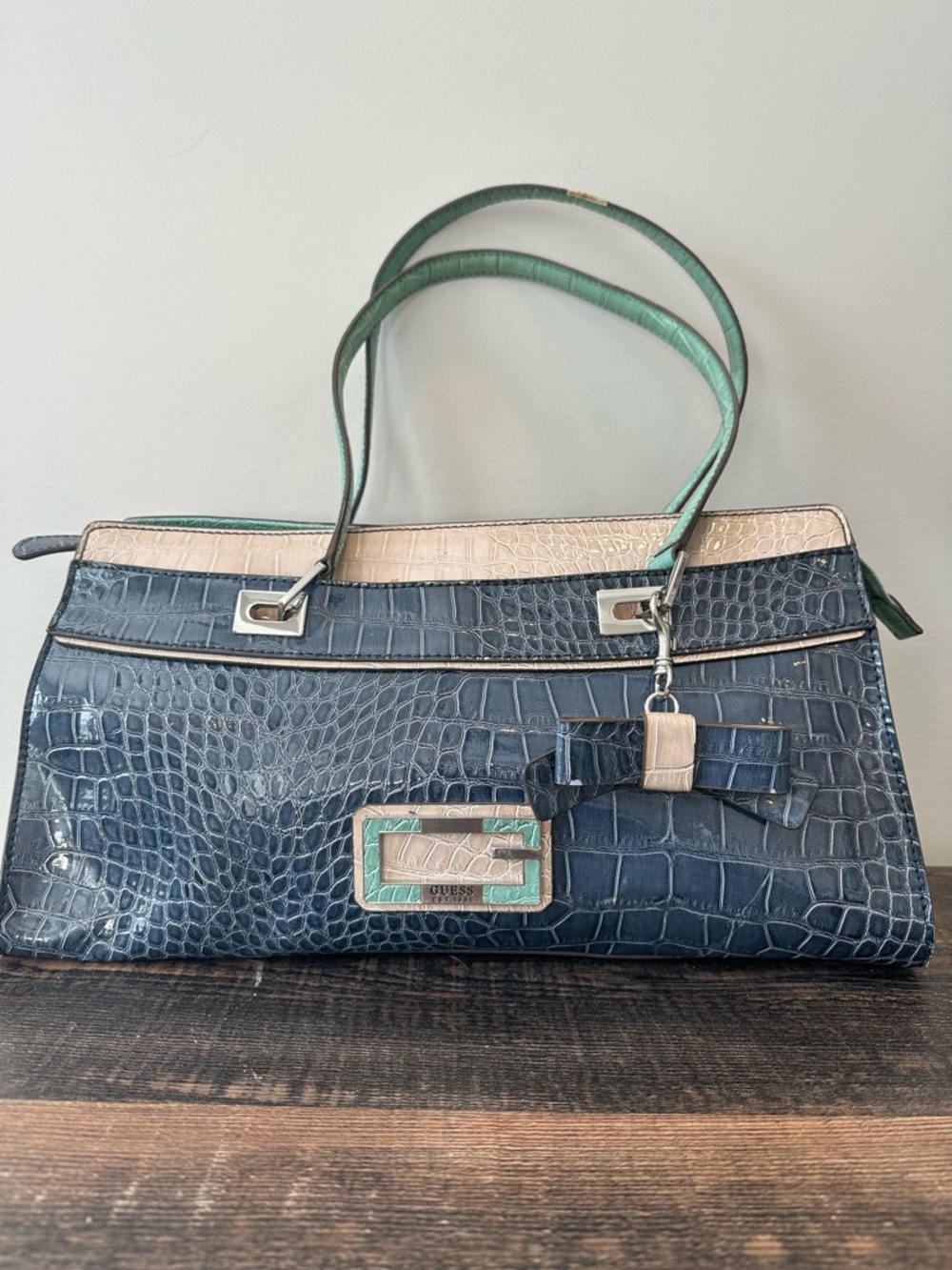 Y2K Inspired Guess Croc-Embossed Navy and Cream Satchel with Green Handles- SOLD